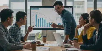 Startup founders analyzing burn rate reduction strategies on a digital dashboard.