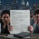 Startup founders reviewing legal documents, concerned about financial impact.