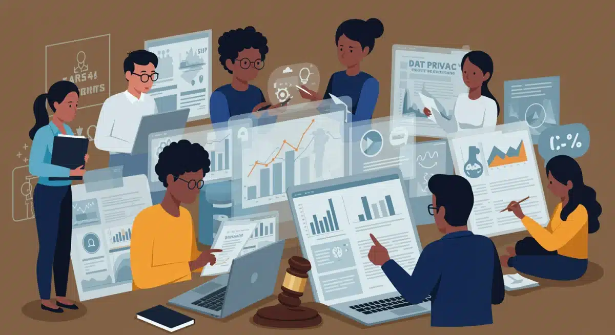 Startup team collaborating on understanding new data privacy regulations.