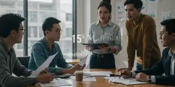 Startup founders and investors discussing growth strategies in a modern office