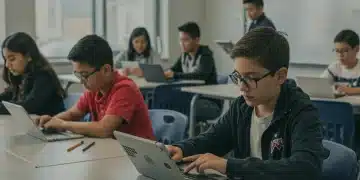 Students using AI tools in a modern US classroom