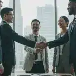 Entrepreneurs shaking hands with an angel investor, symbolizing successful US angel investment acquisition.