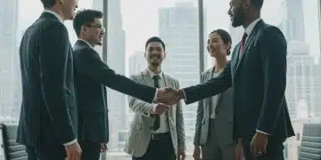 Entrepreneurs shaking hands with an angel investor, symbolizing successful US angel investment acquisition.