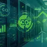 Sustainable server room with renewable energy integration, illustrating green IT's impact on carbon reduction.