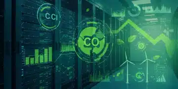 Sustainable server room with renewable energy integration, illustrating green IT's impact on carbon reduction.