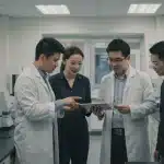 University researchers and startup founders collaborating in a lab setting