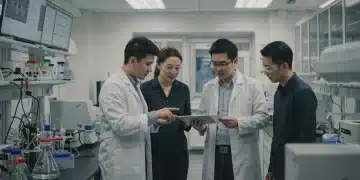 University researchers and startup founders collaborating in a lab setting