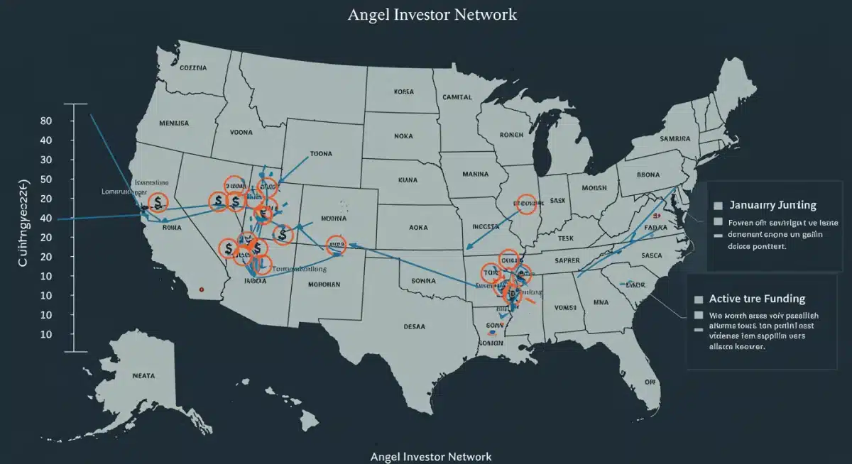 Infographic mapping active angel investor networks in the US, highlighting January 2025 funding activity.