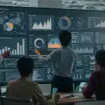 US professionals collaborating on data analytics dashboards, fostering a data-driven culture.