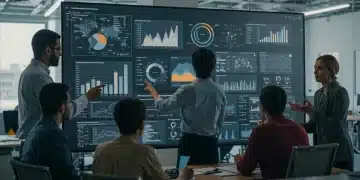 US professionals collaborating on data analytics dashboards, fostering a data-driven culture.