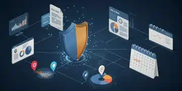 Shield protecting data points on an analytics dashboard with regulatory documents and a calendar for mid-2025, symbolizing US data privacy and compliance.