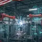 Futuristic US manufacturing plant with robotic arms and data overlays, illustrating Edge AI integration