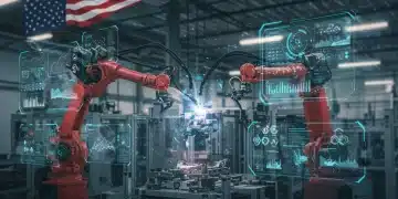 Futuristic US manufacturing plant with robotic arms and data overlays, illustrating Edge AI integration
