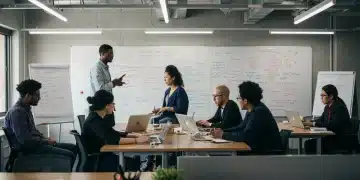 Diverse entrepreneurs collaborating in a modern co-working space, representing US startup accelerator applicants.