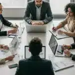 Diverse professionals collaborating at a modern conference table, representing a US startup advisory board.