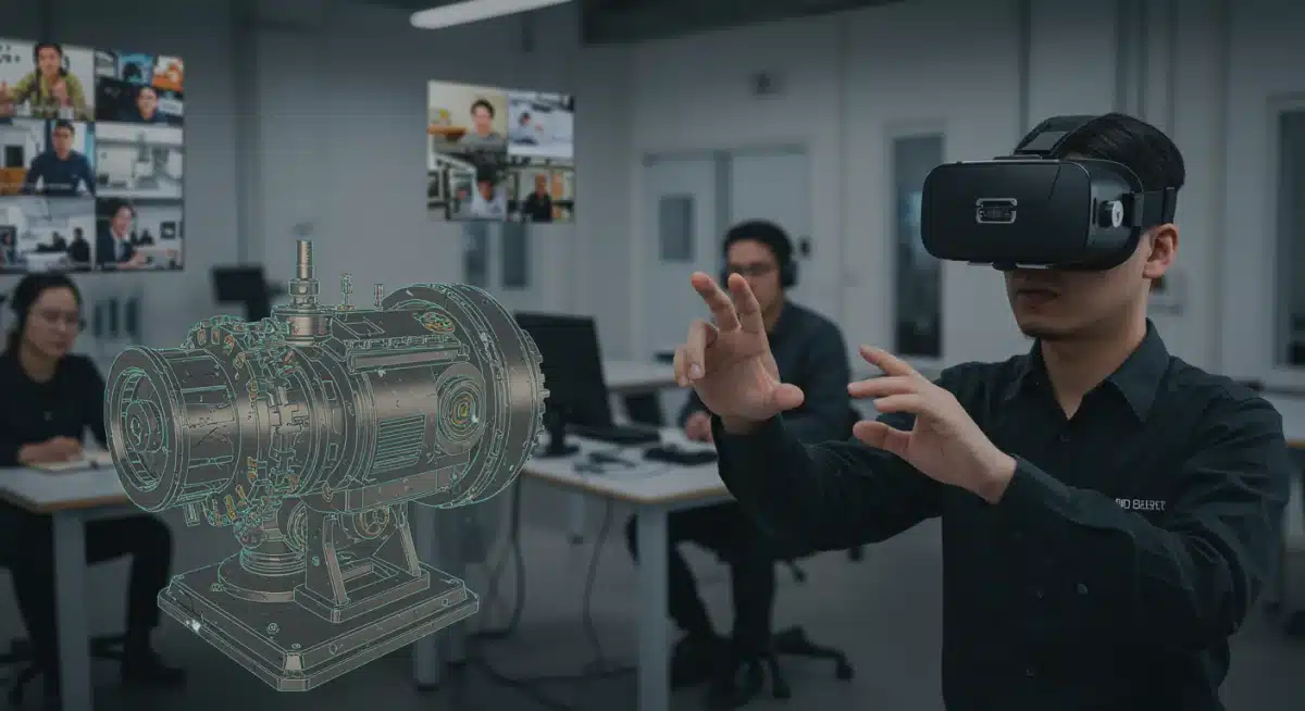 Employee in VR headset training with a 3D model in a virtual environment.